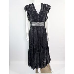 Sandro Paris Black DONA Metallic Stripes Midi Dress Size 40 US L V-Neck Ruffles